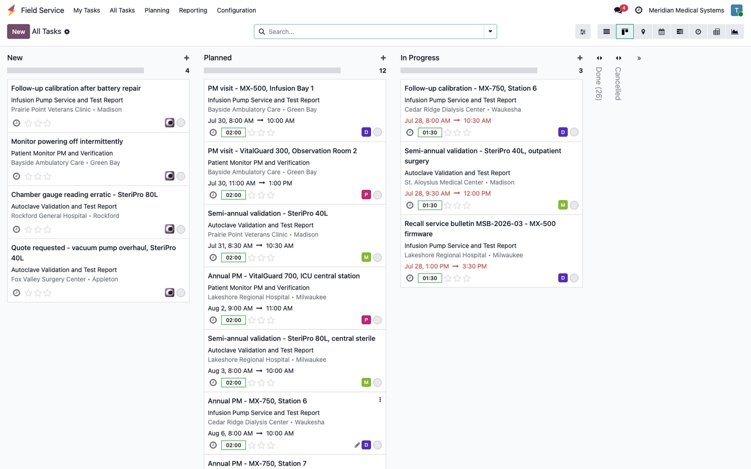 Odoo field service kanban board grouped by stage