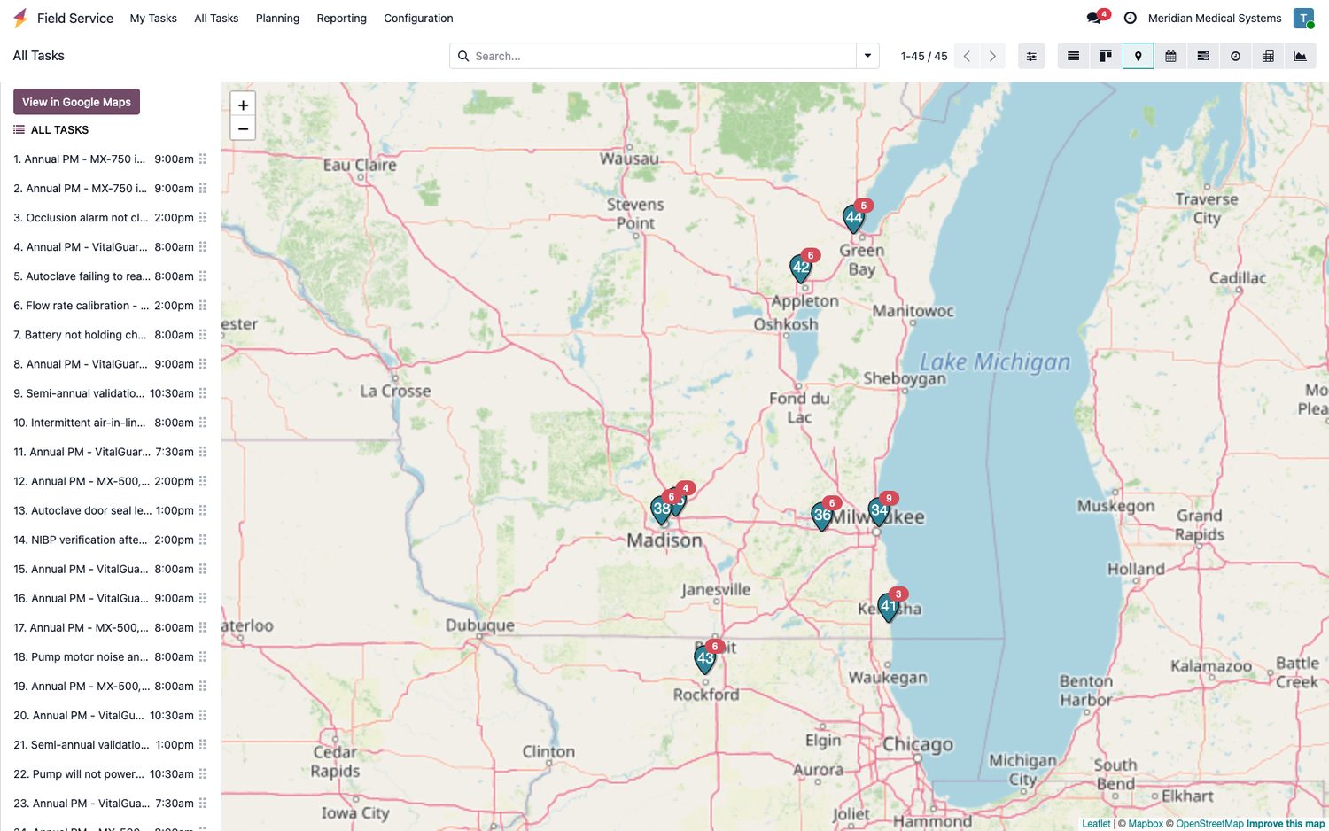 Odoo map view showing service visits across Wisconsin and Illinois