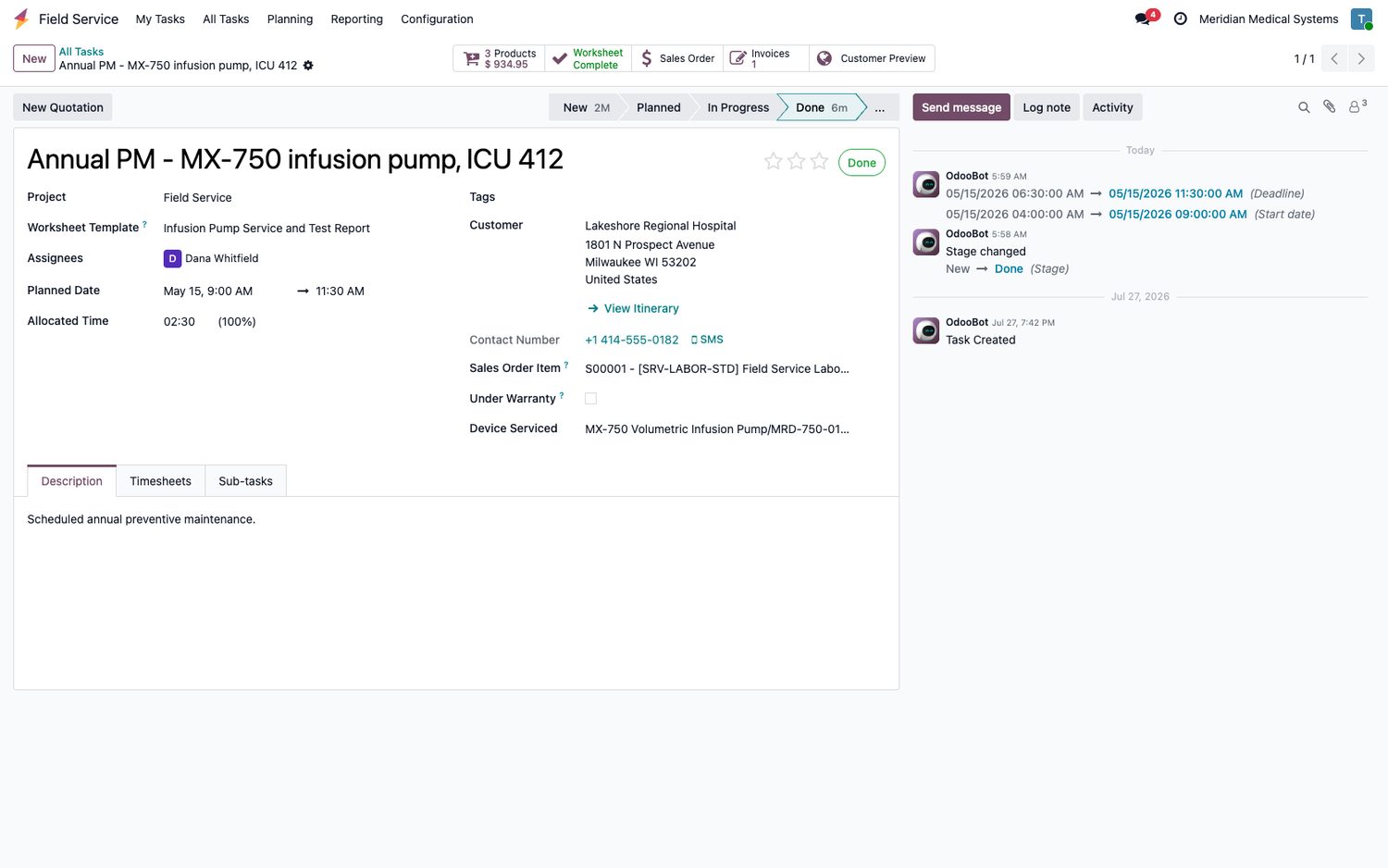 Odoo field service task showing device serviced, products, worksheet and invoice