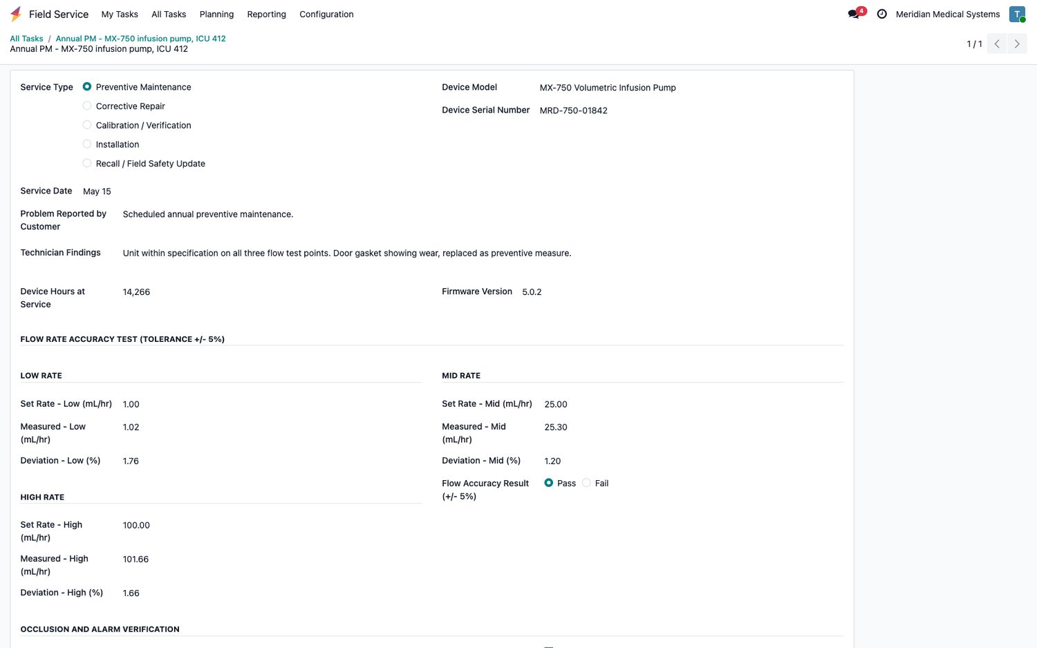 Odoo worksheet capturing infusion pump flow rate accuracy test results