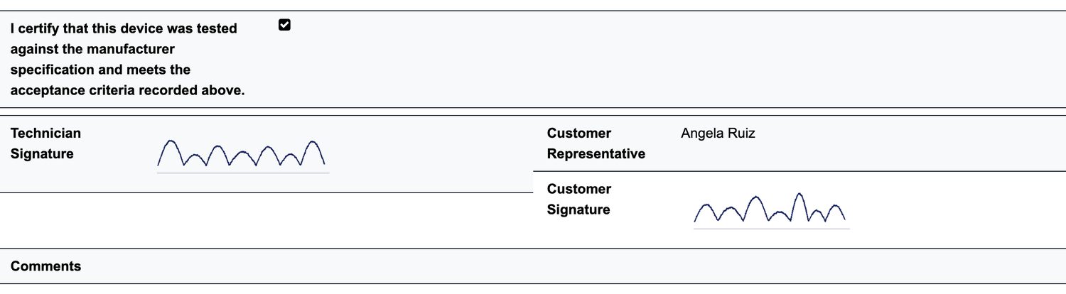 Certification statement with technician and customer signatures