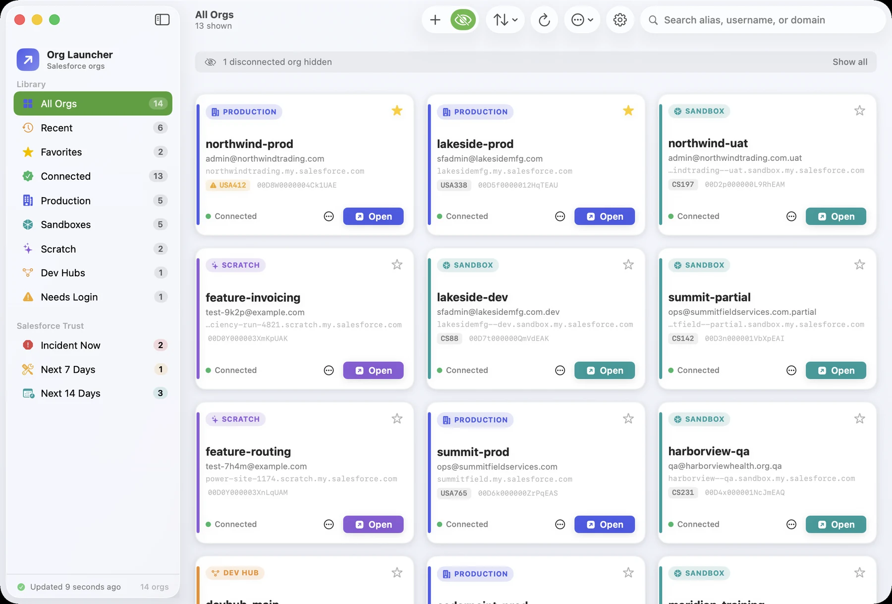 Org Launcher listing Salesforce production, sandbox and scratch orgs with one-click Open buttons