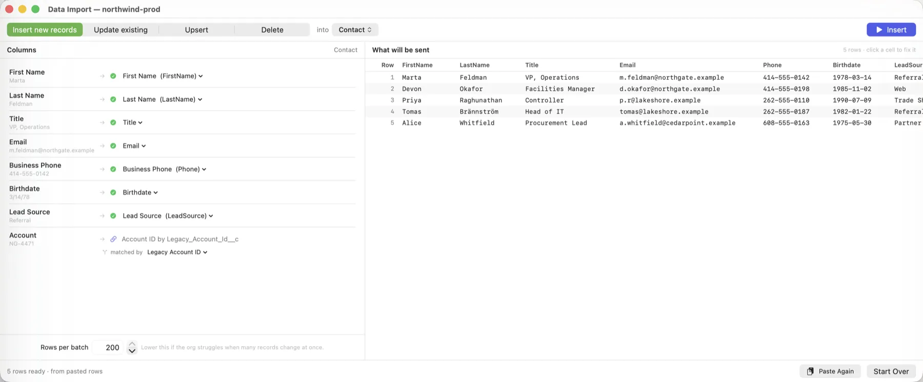The Org Launcher import window mapping spreadsheet columns to Salesforce Contact fields, with dates converted and a lookup matched by External ID