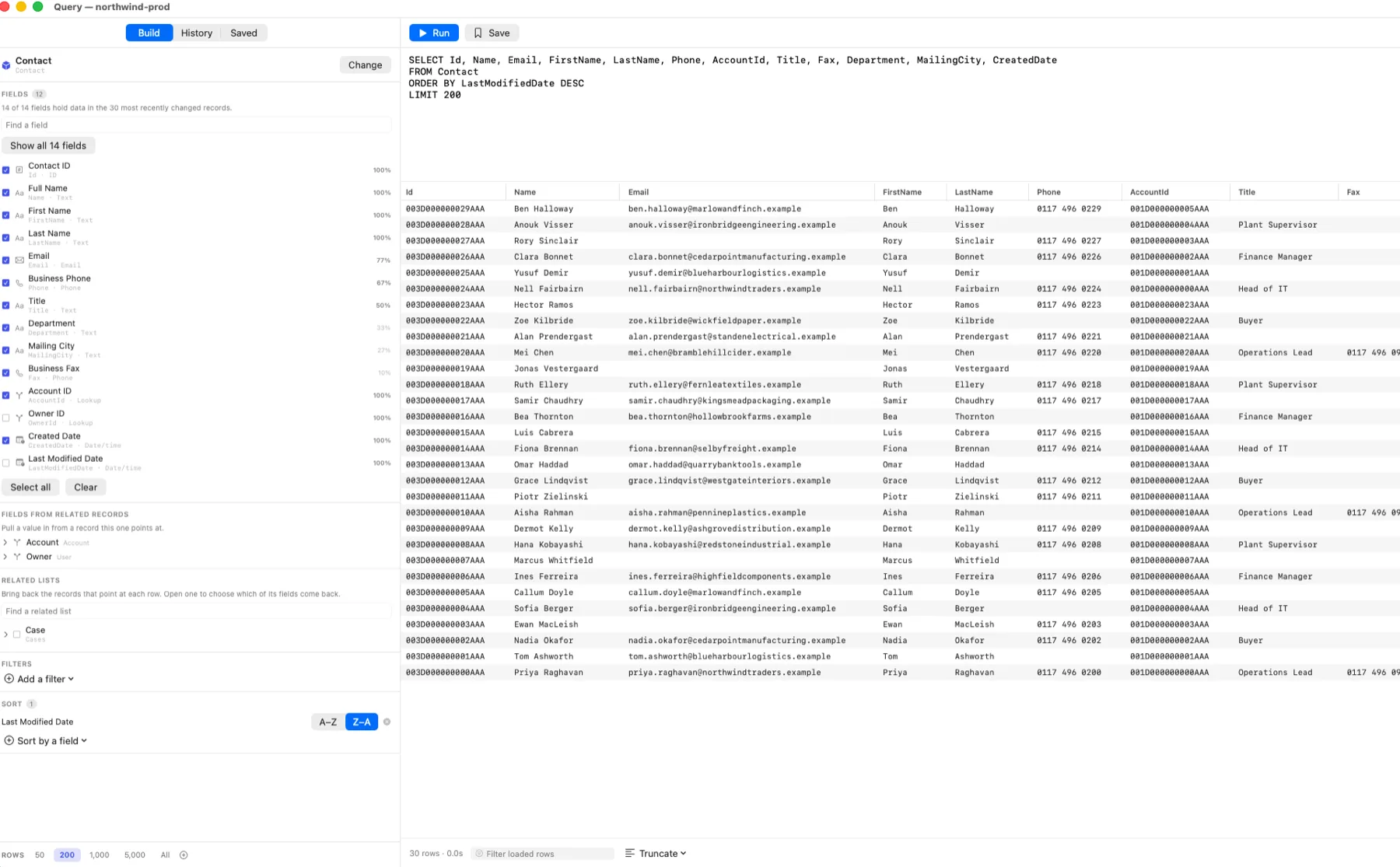 The Org Launcher query builder with a Salesforce Contact object selected, showing how often each field is filled in, the generated SOQL, and the resulting records