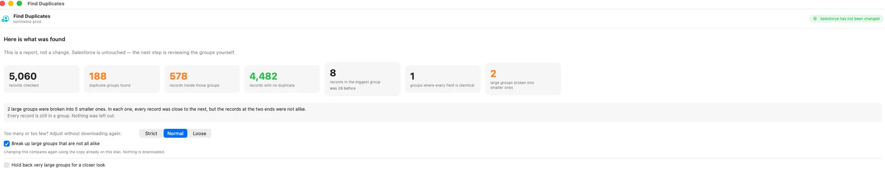 The Org Launcher duplicate report showing 5,060 Salesforce records checked, 188 duplicate groups found, and a badge confirming Salesforce has not been changed