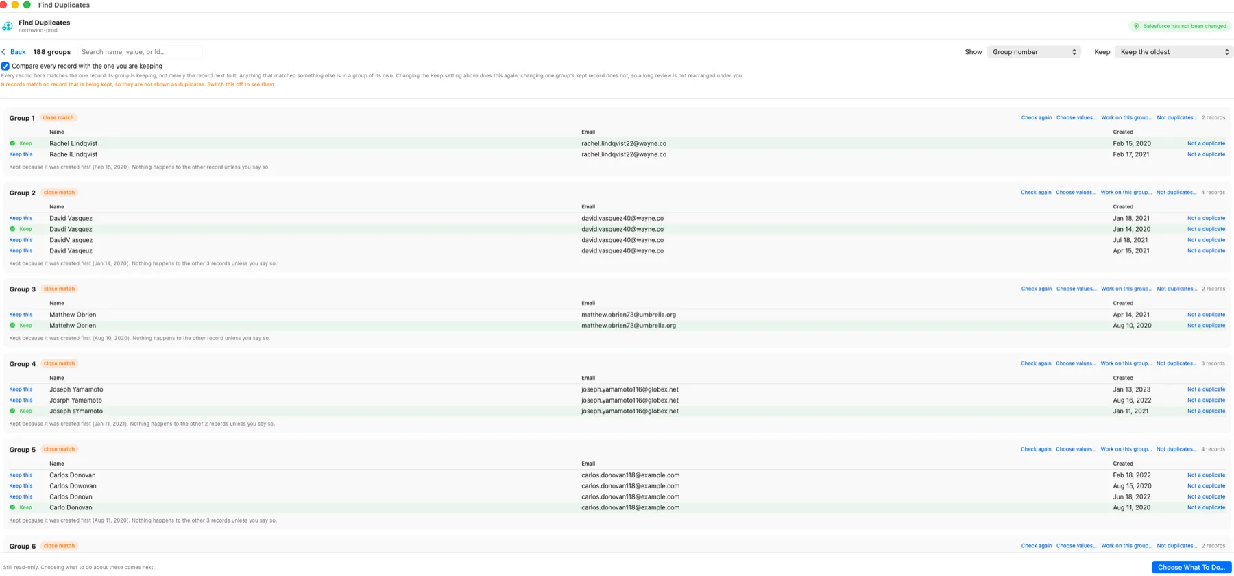 Duplicate groups in Org Launcher showing near-identical Salesforce contact names with typos, the record chosen to keep, and a Not a duplicate option on every row