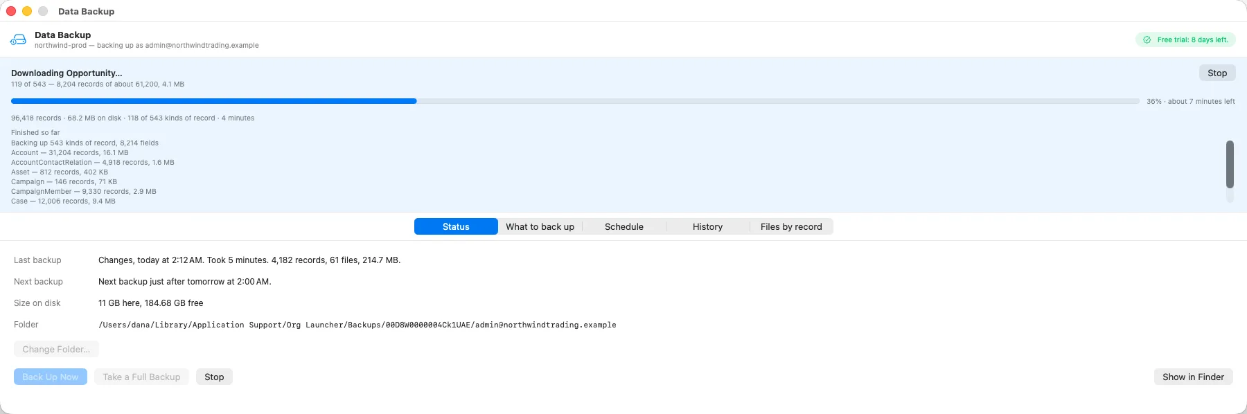 Org Launcher backing up a Salesforce org to a folder on the Mac: the object being downloaded, how many kinds of record are finished, a progress bar with the time left, and below it the last backup, the next one, the space used and the folder.
